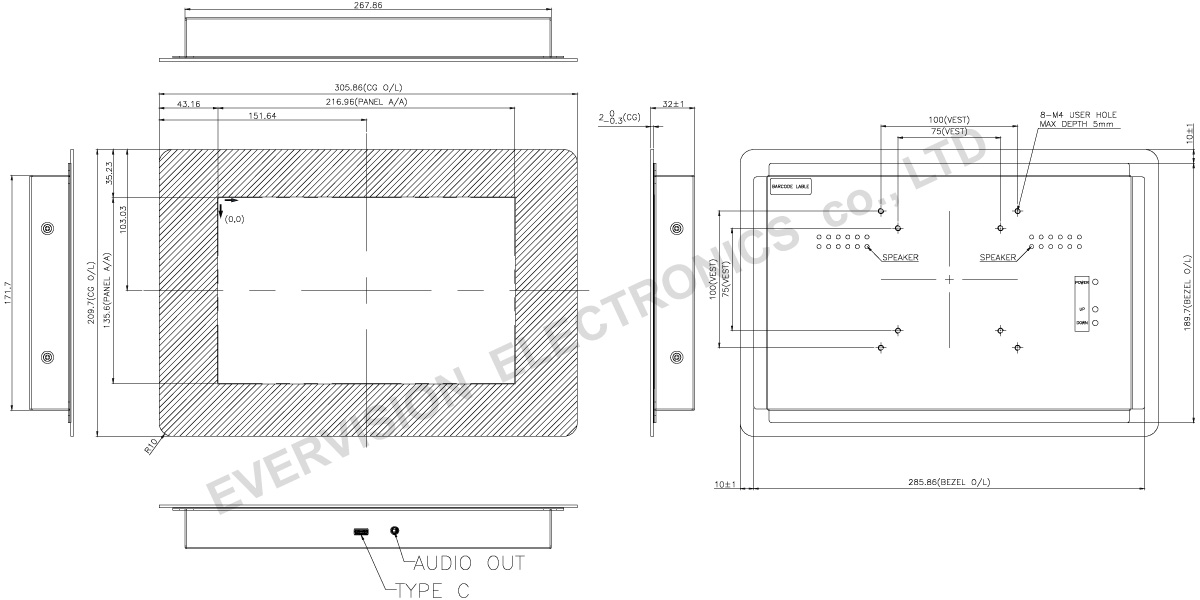 10.1 inch USB Type-C | VGG128004-T | Open Frame | EVERVISION